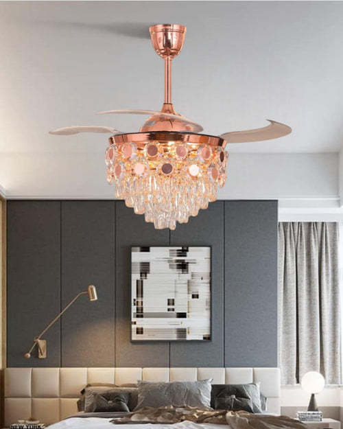 Luxury Rose Gold Retractable Ceiling Fan + Chandelier Light (with Remote Control)